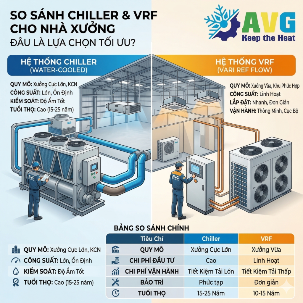 Một bên là chiller – "gã khổng lồ" mạnh mẽ với khả năng giải nhiệt nước công suất lớn, một bên là VRF – "chiến binh" linh hoạt với công nghệ biến tần hiện đại.